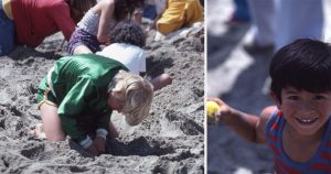 Child digging for eggs and a child who has found an egg