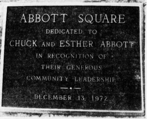 Photo of the commemorative plaque from a Santa Cruz Sentinel article published December 14, 1972 about the dedication of Abbott Square.