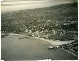 Aerial view of the beach area, 1921. The Scenic Railway can be seen on the right side. Photo Credit: Houser Collection, Capitola Historical Museum