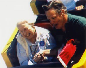 Ollie Tyra and Charles Canfield ride the Giant Dipper for the 75th Anniversary, 1999
