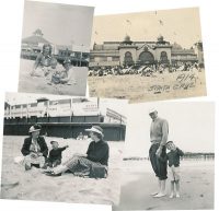 Old photos of people and buildings on beach boardwalk