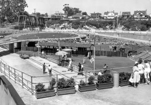 The newly completed lower end ride area was home to the Cave Train and the Autorama, 1961