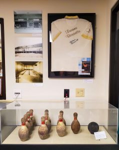 Duckpins and ball are on display as part of the Bowling Museum, 2019
