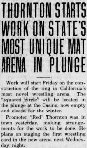 Santa Cruz Sentinel article published on Oct 20, 1932 announcing the use of the Plunge as a wrestling arena.