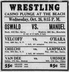 Wrestling event announcement in the Santa Cruz Evening News, October 25, 1932