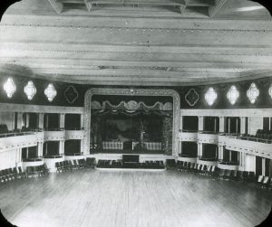 The ballroom stage set for a performance