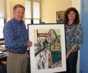 Charles Canfield and Melissa Pickford with Rollin Pickford's watercolor painting, 2008
