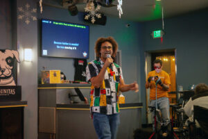 person singing karaoke