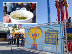 Clam Chowder cook-Off banner with close-up of chowder tasting cup inserted in upper left corner.