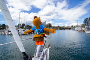Splash spreading his wings on the bow of the Chardonnay II.