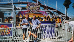 Two Boardwalk ride operators in front of Chaos