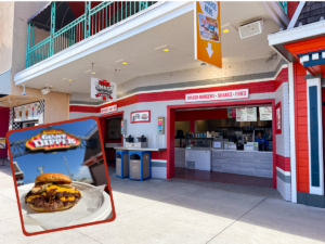 The new Dipper Smash Burgers location next to the Giant Dipper, with a photo of the burger inset.